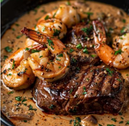 Steak and creamy shrimp
